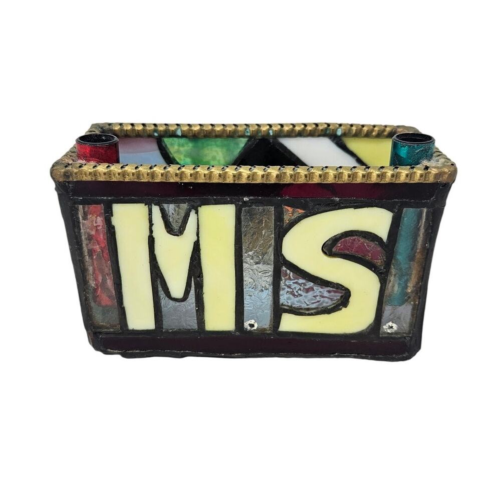 Vintage Stained Glass Teacher Pencil Holder Desk Whimsy MS Art Mosaic Kitsch